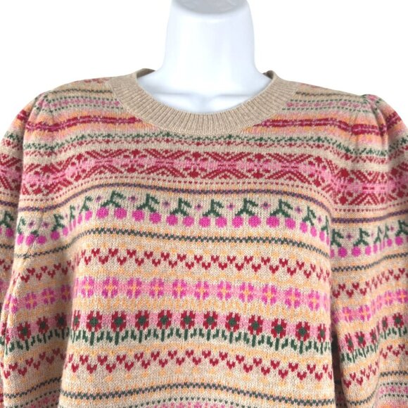 J. Crew Puff‎ Sleeve Fair Isle Crewneck Sweater Large Lambswool Blend FS-1339 - Picture 3 of 9